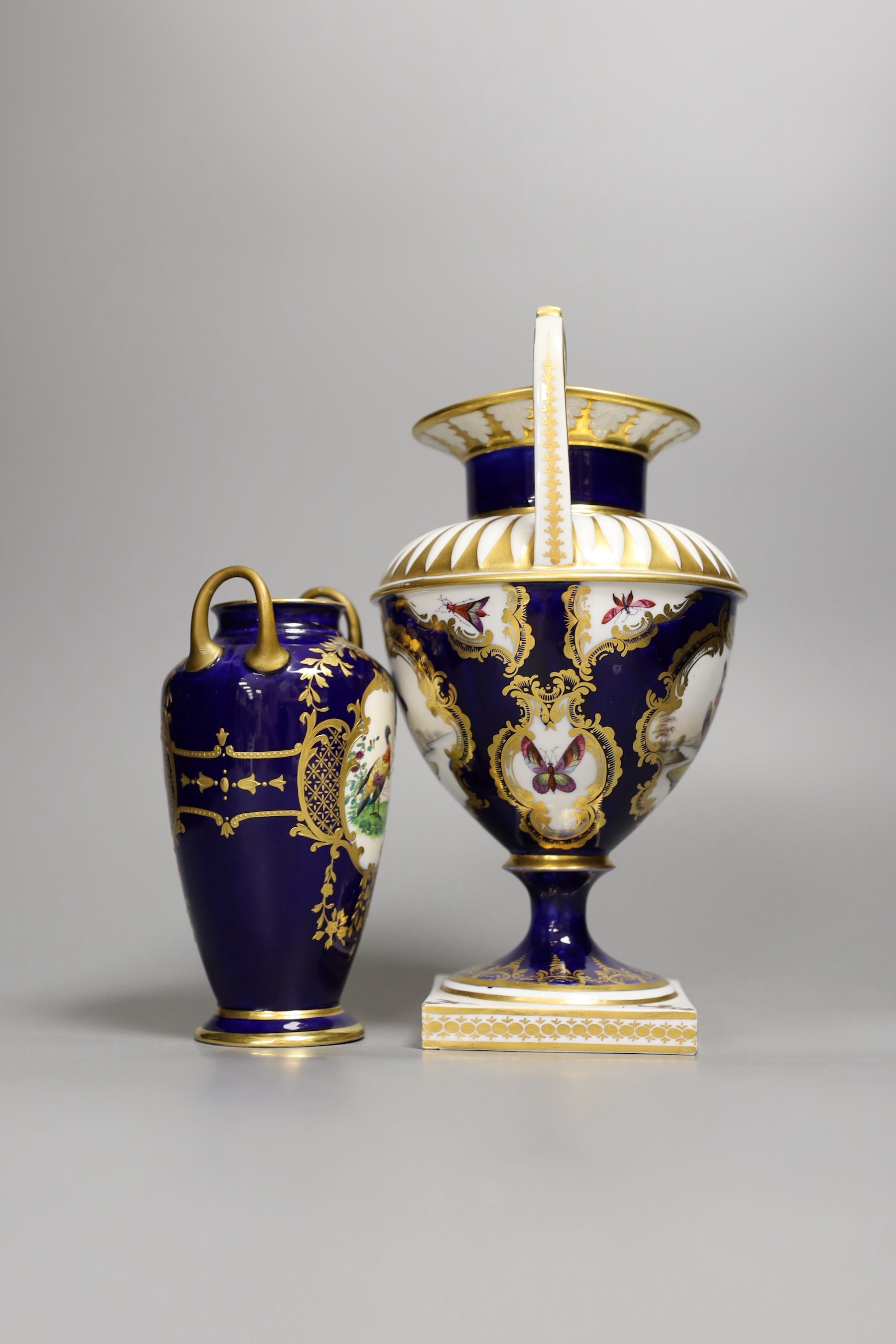 A selection of English china, to include a pair of Chamberlains Worcester spill vases, a Spode two handled vase, a Minton vase and a Derby dish, tallest 23cm, (5)